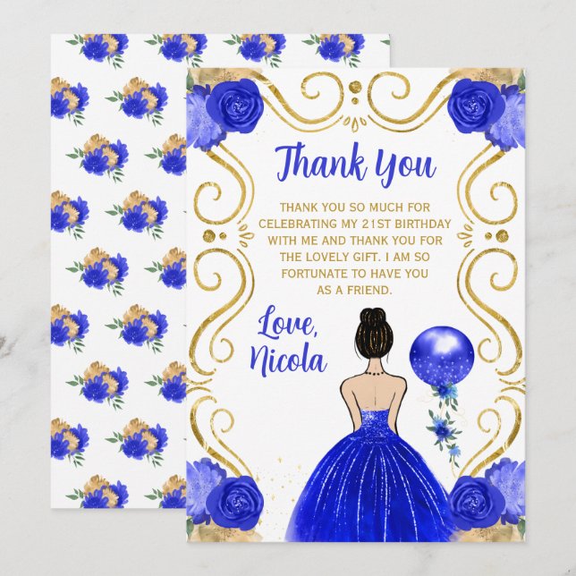 Birthday Party Brown Hair Princess in Blue Thank You Card (Front/Back)