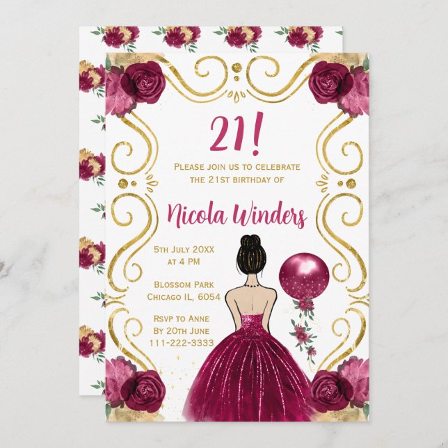Birthday Party Brown Hair Princess in Burgundy Invitation (Front/Back)