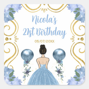 Birthday Party Brown Hair  Princess in Dusty Blue Square Sticker