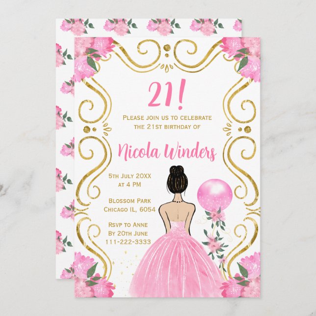 Birthday Party Brown Hair Princess in Pink Invitation (Front/Back)