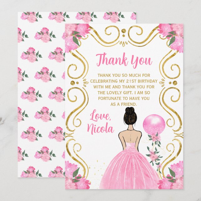 Birthday Party Brown Hair Princess in Pink Thank You Card (Front/Back)