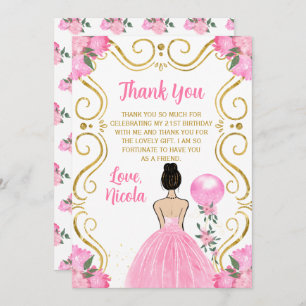 Birthday Party Brown Hair Princess in Pink Thank You Card