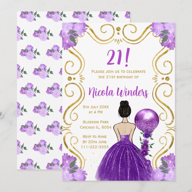 Birthday Party Brown Hair Princess in Purple Invitation (Front/Back)
