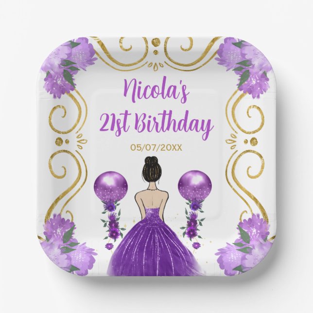 Birthday Party Brown Hair Princess in Purple Paper Plate (Front)