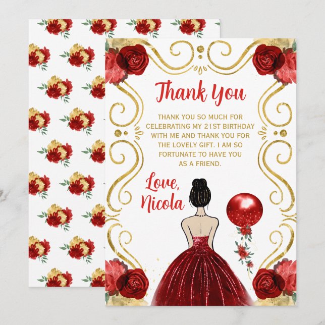 Birthday Party Brown Hair Princess in Red Thank You Card (Front/Back)