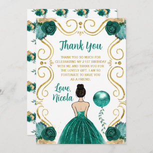 Birthday Party Brown Hair Princess in Teal Thank You Card