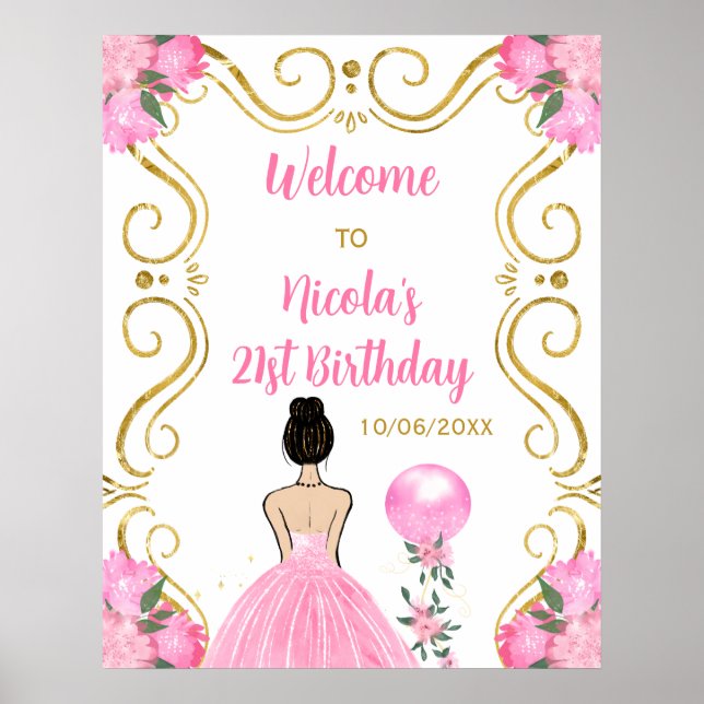 Birthday Party Brown Hair Princess Pink Welcome Poster (Front)