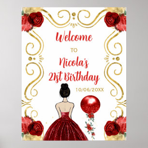 Birthday Party Brown Hair Princess Red Welcome Poster