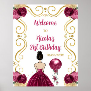 Birthday Party BrownHair Princess Dark Red Welcome Poster