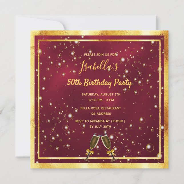 Birthday party burgundy gold bubbles invitation (Front)