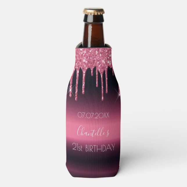 Birthday party burgundy pink glitter 21 glam bottle cooler (Bottle Front)