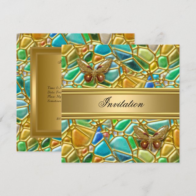 Birthday Party Butterfly Gold Teal Blue Mosaic Invitation (Front/Back)