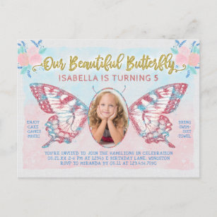Birthday Party Butterfly Photo Girls Cute Kid Pink Invitation Postcard