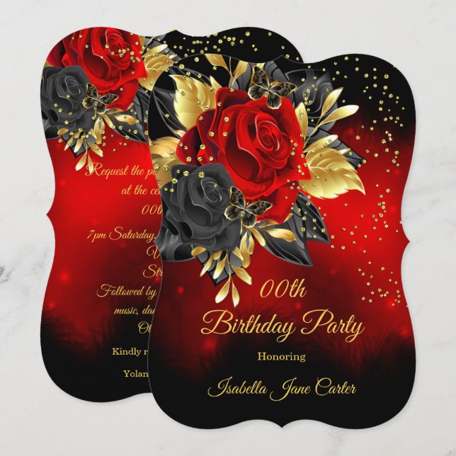 Birthday Party Butterfly Red Rose Floral Gold 2 Invitation (Front/Back)