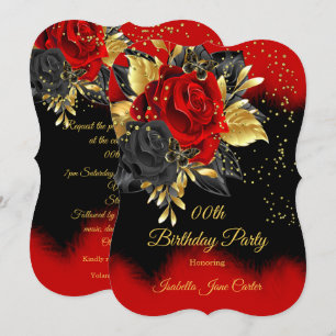 Birthday Party Butterfly Red Rose Floral Gold Invitation