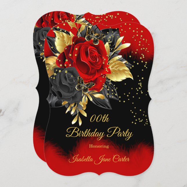 Birthday Party Butterfly Red Rose Floral Gold Invitation (Front/Back)