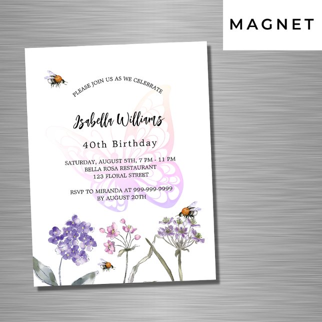 Birthday party butterfly violet wildflowers luxury magnetic invitation (Creator Uploaded)