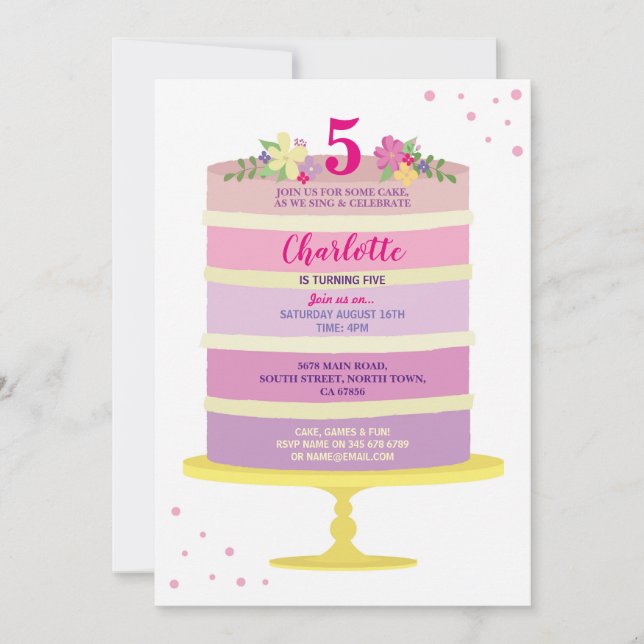 Birthday Party Cake Pink Invite Any Age 3 4 5 6 7 (Front)