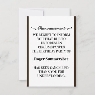 Birthday Party Cancellation Announcement Cards