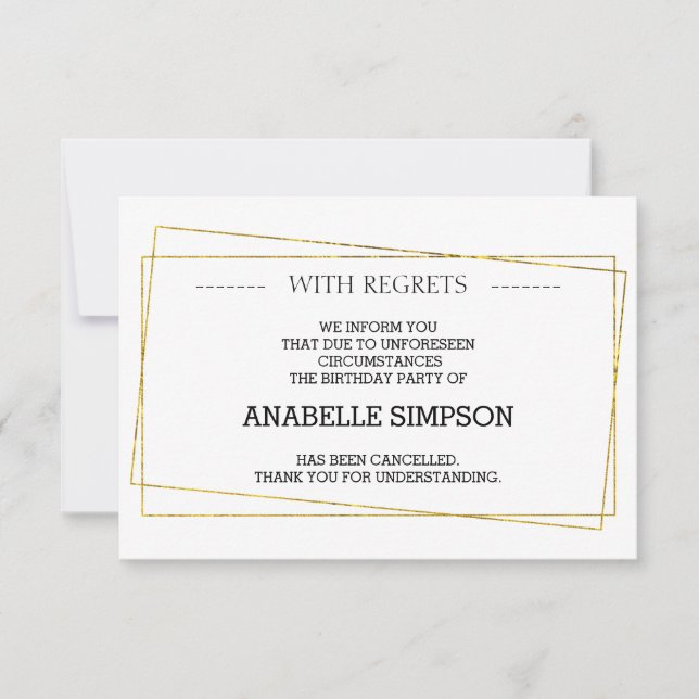 Birthday Party Cancellation Announcement Cards (Front)