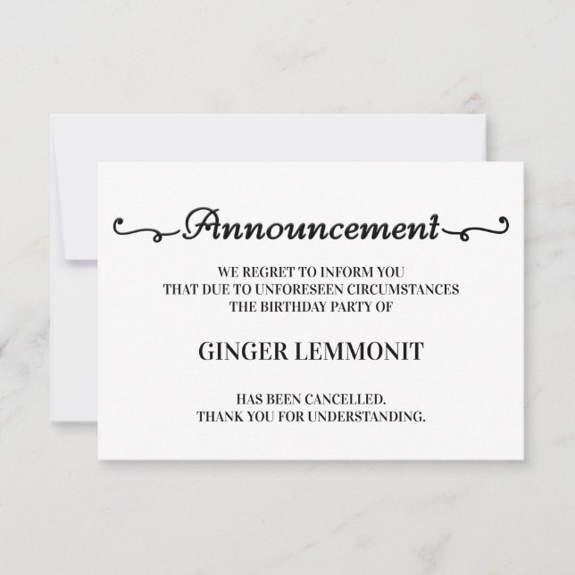 Birthday Party Cancellation Cards (Front)