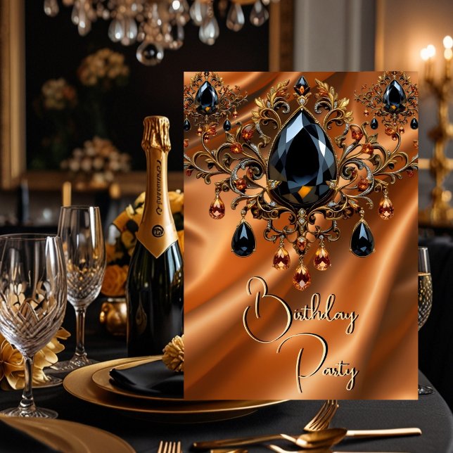 Birthday Party Caramel Gold Silk Black Jewel Invitation (Creator Uploaded)
