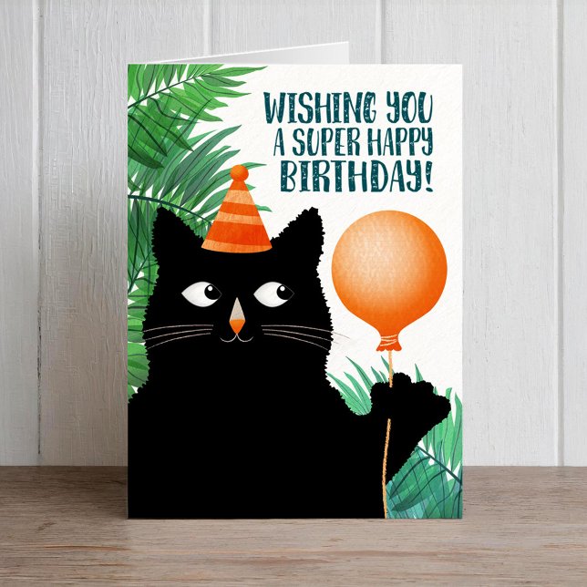 Birthday party card with black cat and balloon (Creator Uploaded)