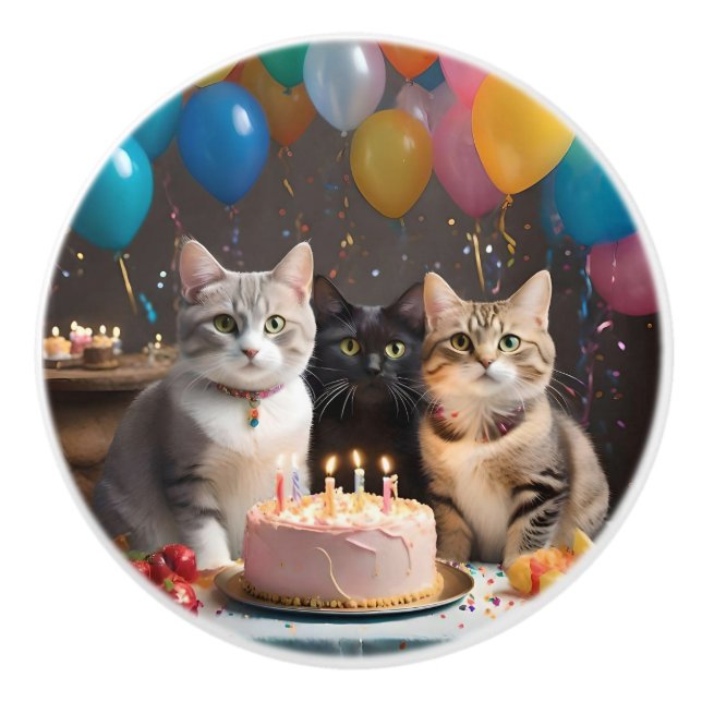 Birthday Party Cats, Ceramic Knob (Front)
