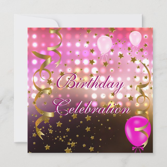 Birthday Party Celebration Pink Lights Gold Stars Invitation (Front)