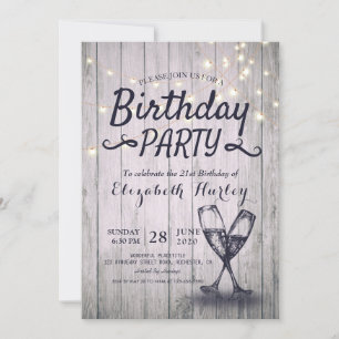 Birthday Party Champagne Glass Wood String Lights Invitation