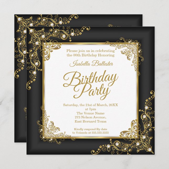 Birthday party charcoal black Gold White Photo Invitation (Front/Back)
