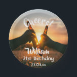Birthday party cheers beer name photo men guys paper plate<br><div class="desc">A paper plate for a 21st birthday party for a guy. Photo of two hands holding bottles of beer against the evening sunset. Keep the photo or add yours. With the text: Cheers to, templates for a name age 21 and a date. Date of birth or the date of the...</div>