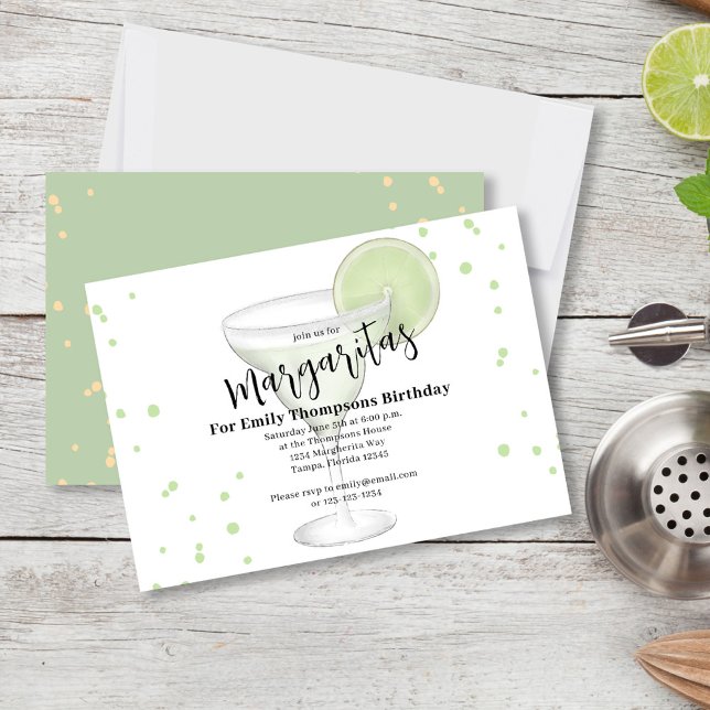Birthday Party Chic Adult Margarita Cool Drinks  Invitation (birthday party invitation with a fun watercolor margarita with a lime.)