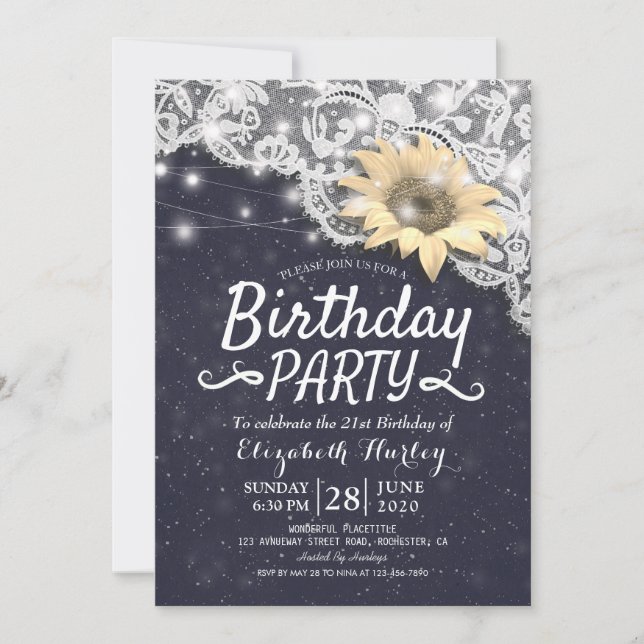 Birthday Party Chic Lace Sunflowers String Lights Invitation (Front)