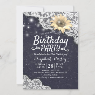 Birthday Party Chic Lace Sunflowers String Lights Invitation