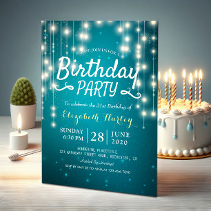 Birthday Party Chic Turquoise Sparkle String Light Invitation