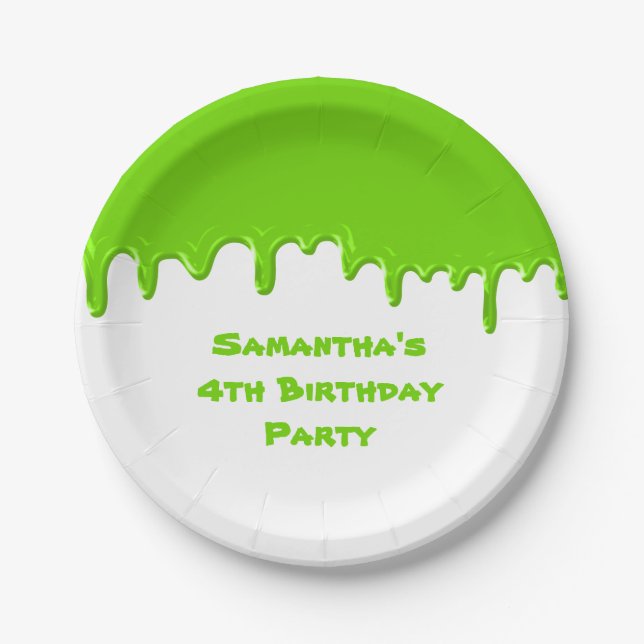 Birthday Party Child Green Fun Slime Drips Paper Plate (Front)