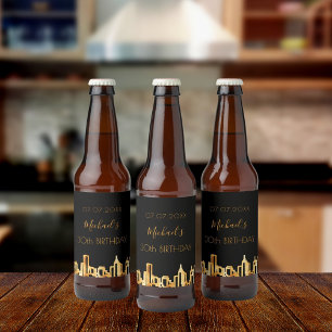 Birthday party city skyline black gold modern guys beer bottle label