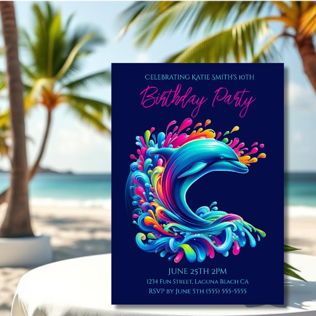 Birthday Party- Colourful Dolphin Splash Invitation (Dolphin-Colorful Dolphin-Birthday Invitations-Summer Birthday Invitations-Dark Blue)