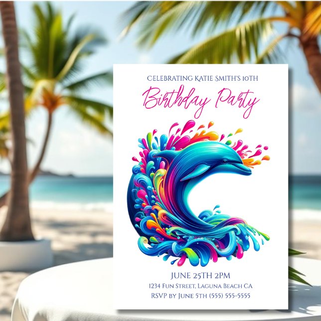 Birthday Party- Colourful Dolphin Splash Invitation (Dolphin-Colorful Dolphin-Birthday Invitations-Summer Party Invitations)