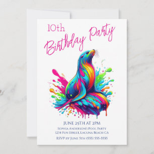 Birthday Party- Colourful Sea Lion Splash Invitation