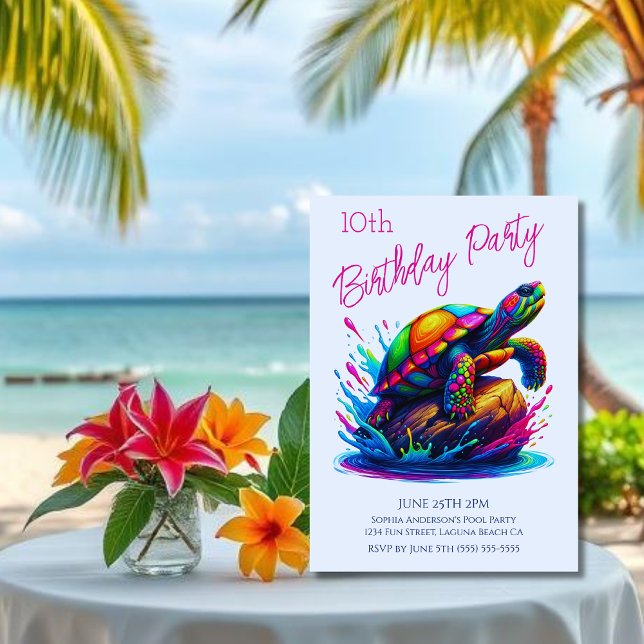 Birthday Party- Colourful Turtle Splash Invitation (Colorful Turtle Splash-Fisherman Core-Dopamine Dressing-Birthday Party Invitation-White)
