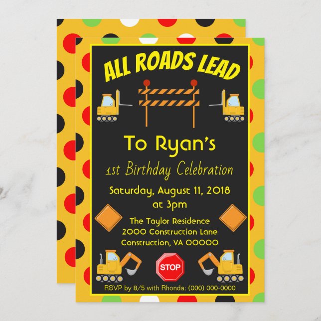 Birthday Party Construction Truck Invitation (Front/Back)