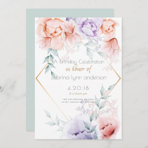Birthday Party Coral and Lilac Aquarelle Floral Invitation