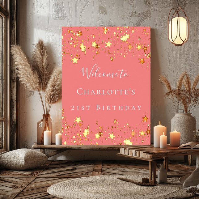 Birthday party coral gold stars welcome poster (Creator Uploaded)