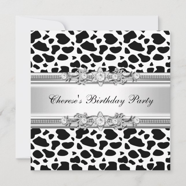 Birthday Party Cow Print Diamond Image Invitation (Front)