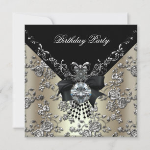 Birthday Party Cream Black Silver Damask Floral Invitation