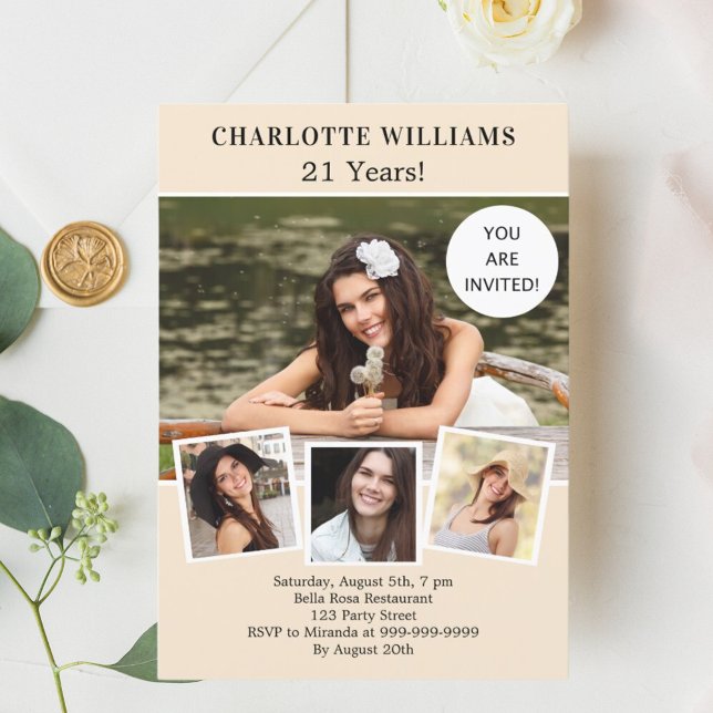 Birthday party cream ivory photo collage invitation (Creator Uploaded)