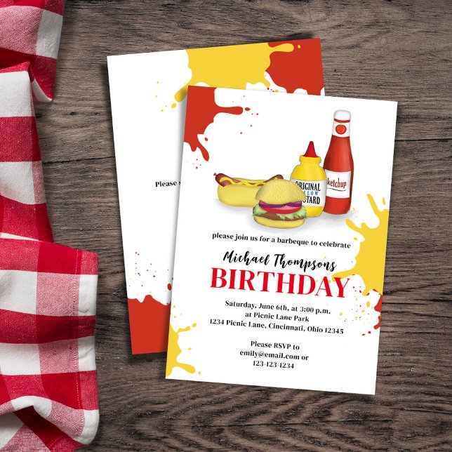 Birthday Party Custom Outdoor BBQ  Invitation (Birthday invitation with hamburger, hotdog, ketchup, and mustard. With a scannable QR Code. )