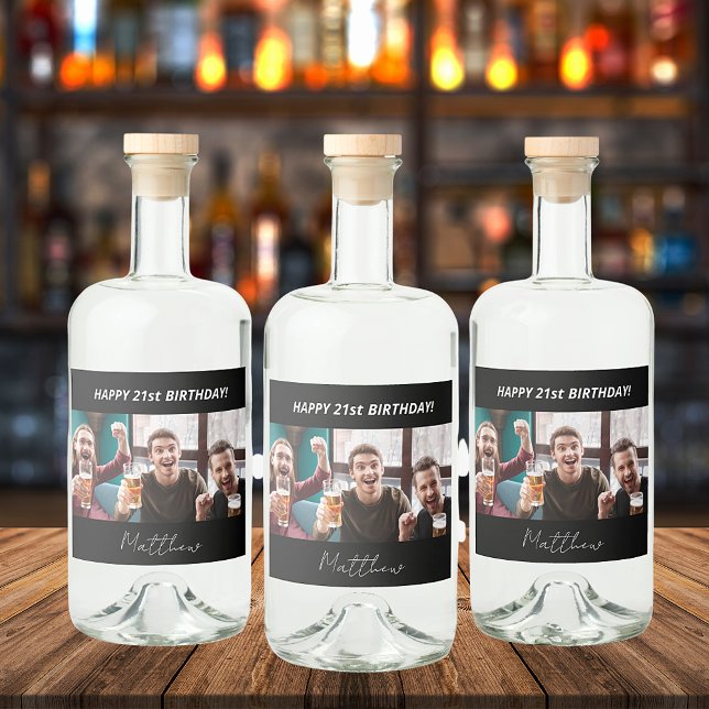 Birthday party custom photo black white modern guy liquor bottle label (Creator Uploaded)